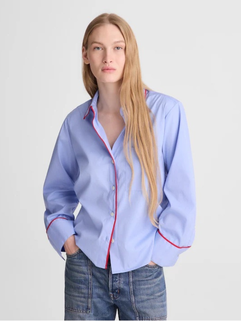 Madewell The Signature Y-Neck Shirt in Poplin Medium Blue Long Sleeve NZ419